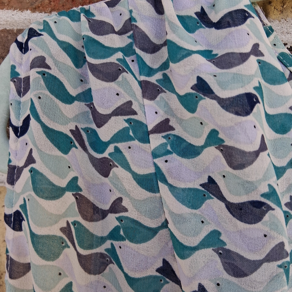 Cabi Bird Print Sheer Wrap Blouse L Blue Green Flowy Boho Chic Top - Picture 6 of 14
